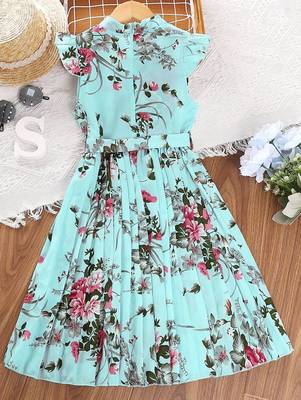 Sky color printed cotton blend fit&flared style dresses 3