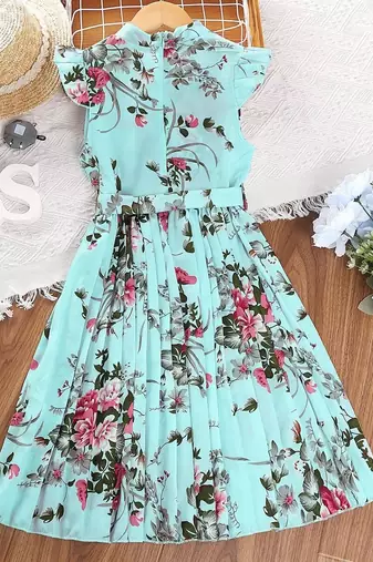 Sky color printed cotton blend fit&flared style dresses