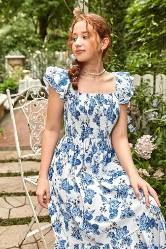 Sky color printed cotton blend fit&flared style dresses