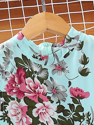 Sky color printed cotton blend fit&flared style dresses 4