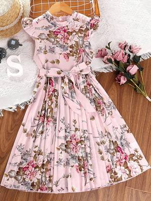 Pastel pink color printed cotton blend fit&flared style dresses 1