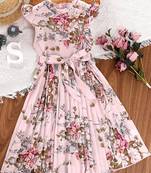 Pastel pink color printed cotton blend fit&flared style dresses