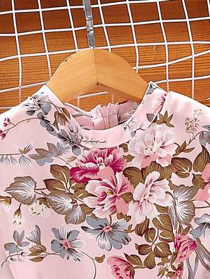 Pastel pink color printed cotton blend fit&flared style dresses 2