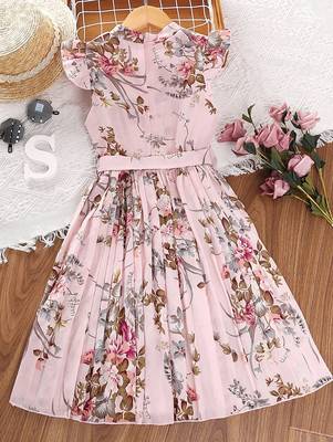 Pastel pink color printed cotton blend fit&flared style dresses 3