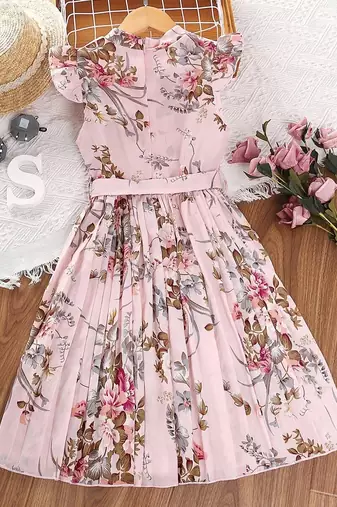 Pastel pink color printed cotton blend fit&flared style dresses
