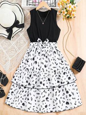 Black-white color printed cotton blend fit&flared style dresses 1