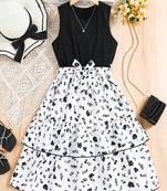 Black-white color printed cotton blend fit&flared style dresses