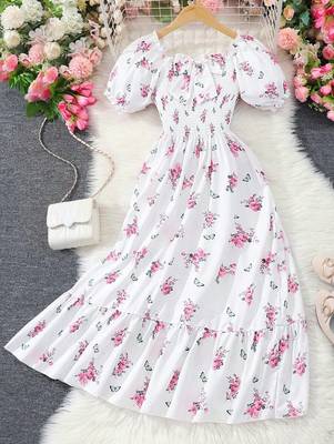 White color printed cotton blend fit&flared style dresses 1