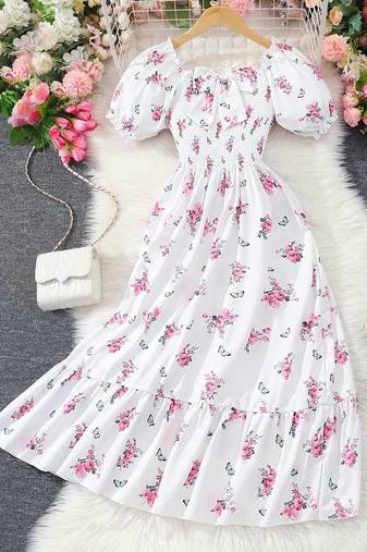 White color printed cotton blend fit&flared style dresses