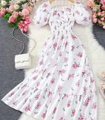 White color printed cotton blend fit&flared style dresses