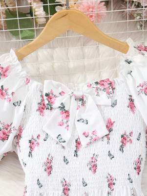 White color printed cotton blend fit&flared style dresses 2
