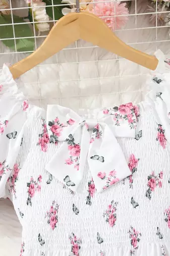 White color printed cotton blend fit&flared style dresses