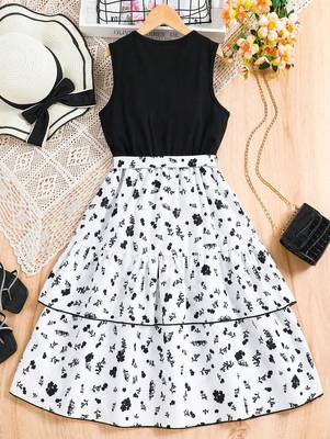 Black-white color printed cotton blend fit&flared style dresses 2