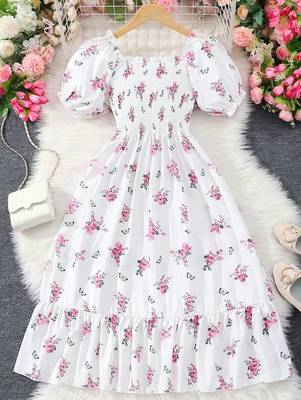 White color printed cotton blend fit&flared style dresses 3