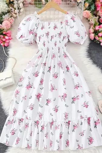 White color printed cotton blend fit&flared style dresses