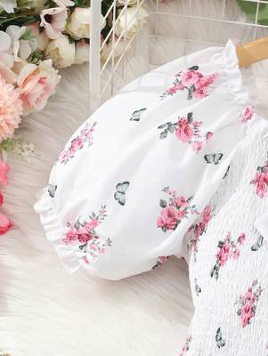 White color printed cotton blend fit&flared style dresses 5