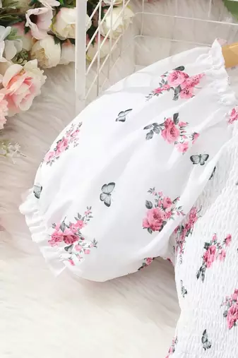 White color printed cotton blend fit&flared style dresses