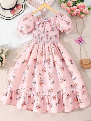Light orange color printed cotton blend fit&flared style dresses 1