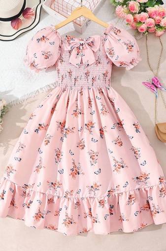 Light orange color printed cotton blend fit&flared style dresses