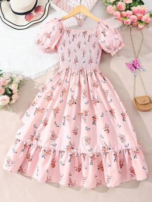 Light orange color printed cotton blend fit&flared style dresses 2