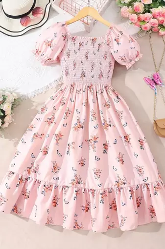 Light orange color printed cotton blend fit&flared style dresses