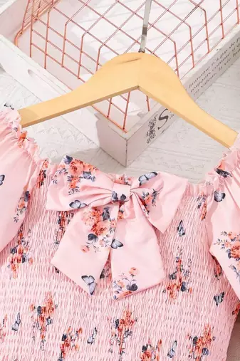 Light orange color printed cotton blend fit&flared style dresses