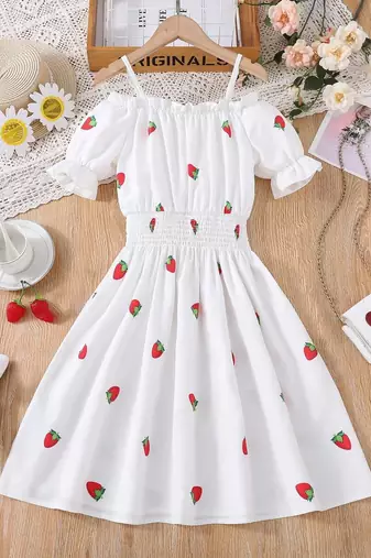 White color printed cotton blend fit&flared style dresses