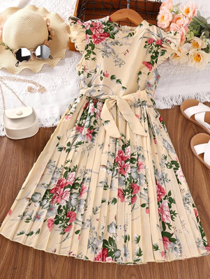Cream color printed cotton blend fit&flared style dresses 1