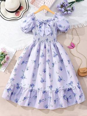 Light blue color printed cotton blend fit&flared style dresses 1