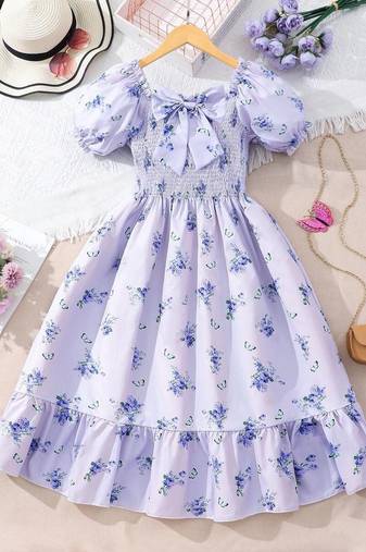 Light blue color printed cotton blend fit&flared style dresses