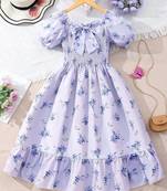 Light blue color printed cotton blend fit&flared style dresses