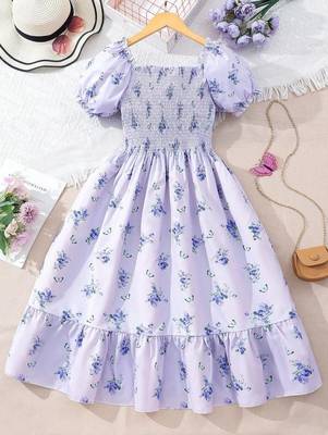 Light blue color printed cotton blend fit&flared style dresses 2