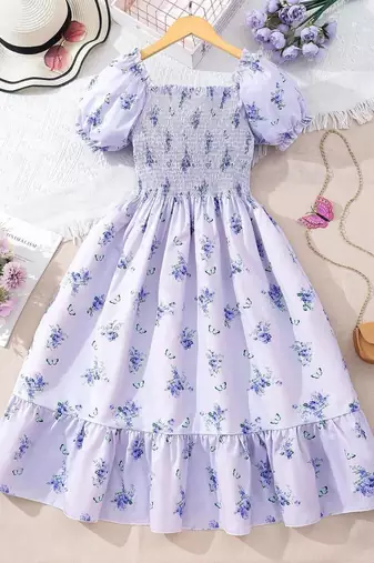 Light blue color printed cotton blend fit&flared style dresses