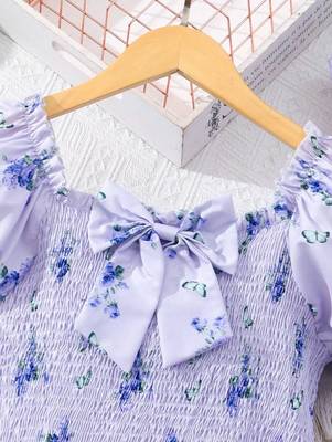 Light blue color printed cotton blend fit&flared style dresses 3