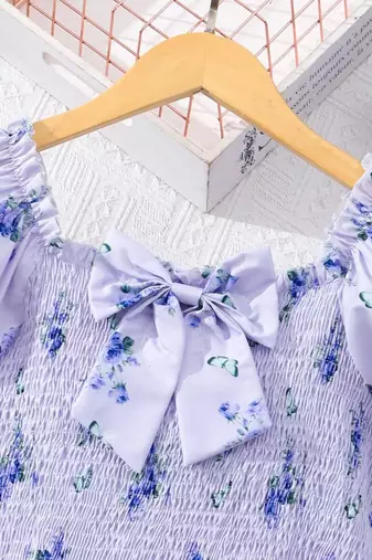 Light blue color printed cotton blend fit&flared style dresses