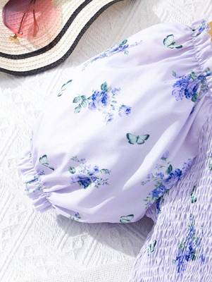 Light blue color printed cotton blend fit&flared style dresses 5