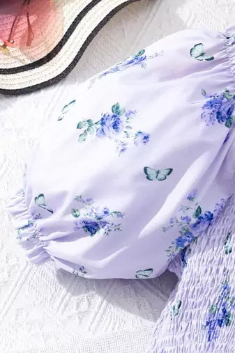 Light blue color printed cotton blend fit&flared style dresses