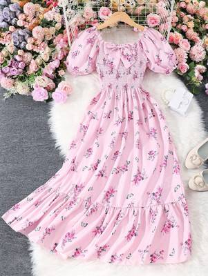 Baby pink color printed cotton blend fit&flared style dresses 1