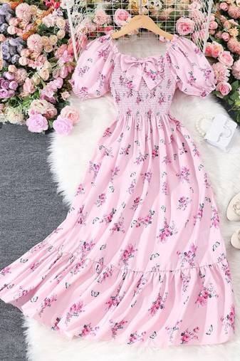 Baby pink color printed cotton blend fit&flared style dresses