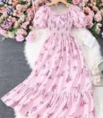 Baby pink color printed cotton blend fit&flared style dresses