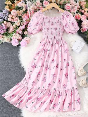 Baby pink color printed cotton blend fit&flared style dresses 2