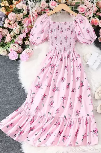Baby pink color printed cotton blend fit&flared style dresses