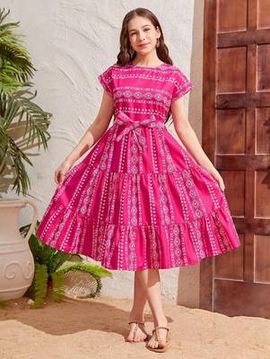Dark pink color printed cotton blend fit&flared style dresses 1