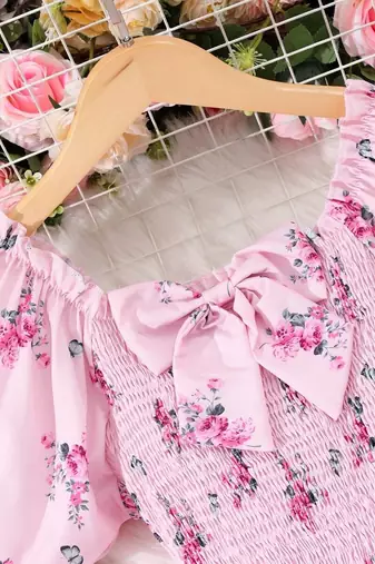 Baby pink color printed cotton blend fit&flared style dresses