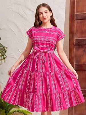 Dark pink color printed cotton blend fit&flared style dresses 2