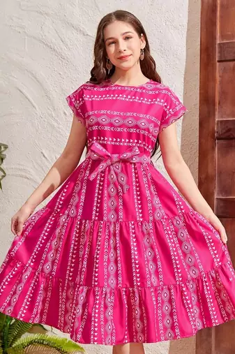 Dark pink color printed cotton blend fit&flared style dresses