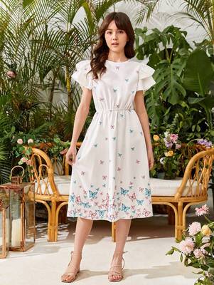 White color printed cotton blend fit&flared style dresses 1