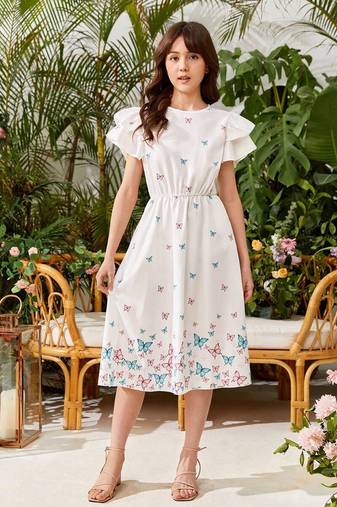 White color printed cotton blend fit&flared style dresses