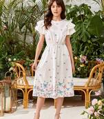 White color printed cotton blend fit&flared style dresses