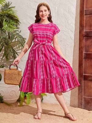 Dark pink color printed cotton blend fit&flared style dresses 3
